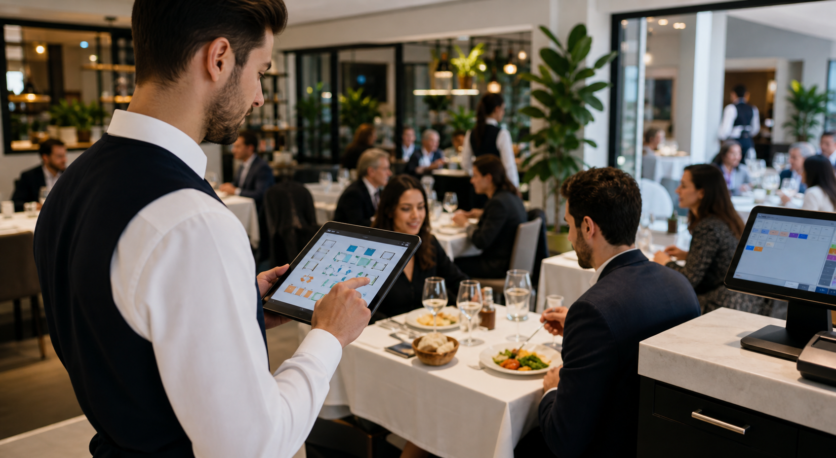 Gestionale ristorante Scidoo per presa comande sala e conti Cameriere che usa Scidoo per presa comande gestione sala tavoli e conti